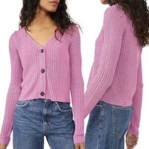 Free People Game On Pink Cardigan Button Up V-neck Open Knit Size XS Crochet